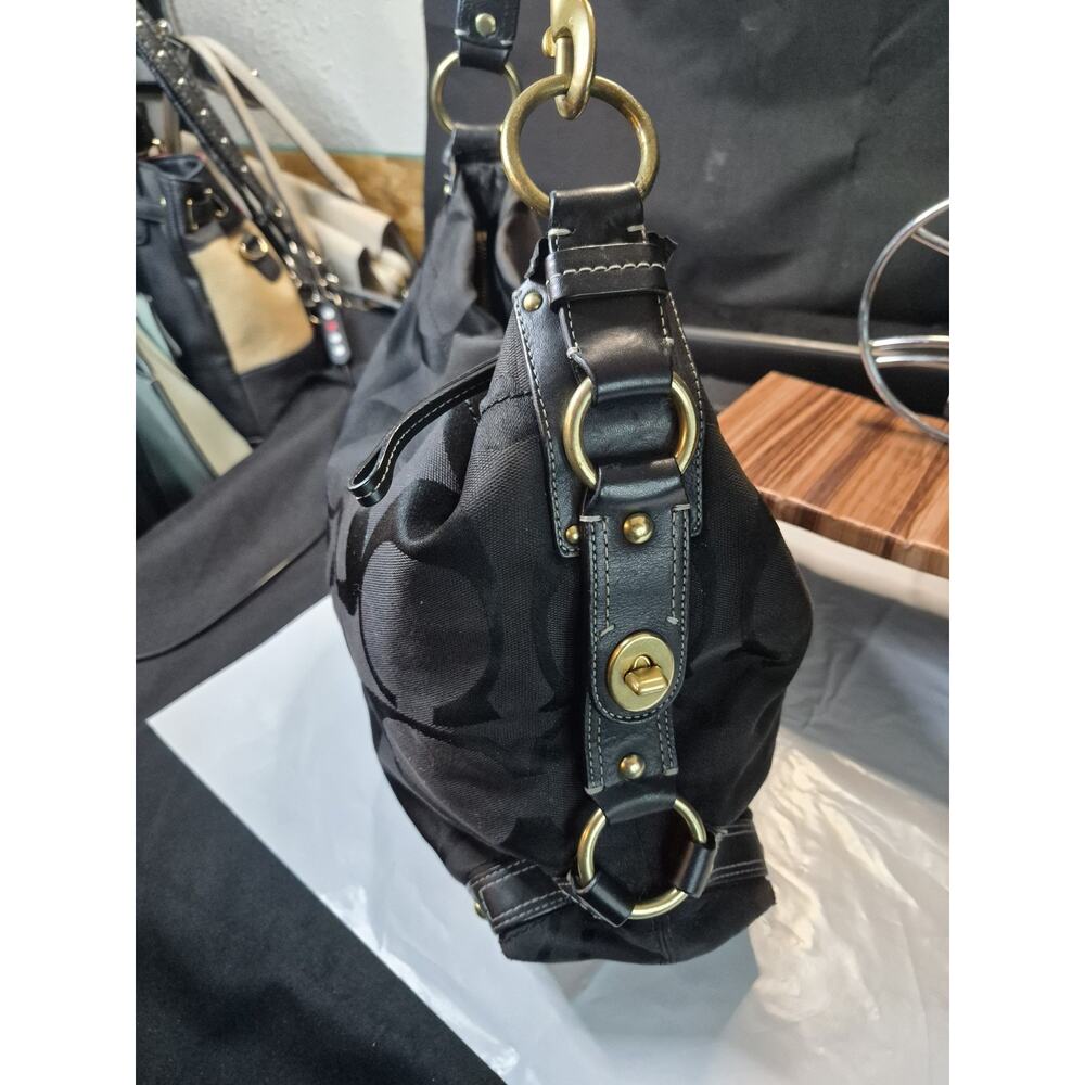 Coach Carly Hobo Purse 10620 BLACK Signature Canvas Gold Leather Bag Rare - Picture 8 of 14